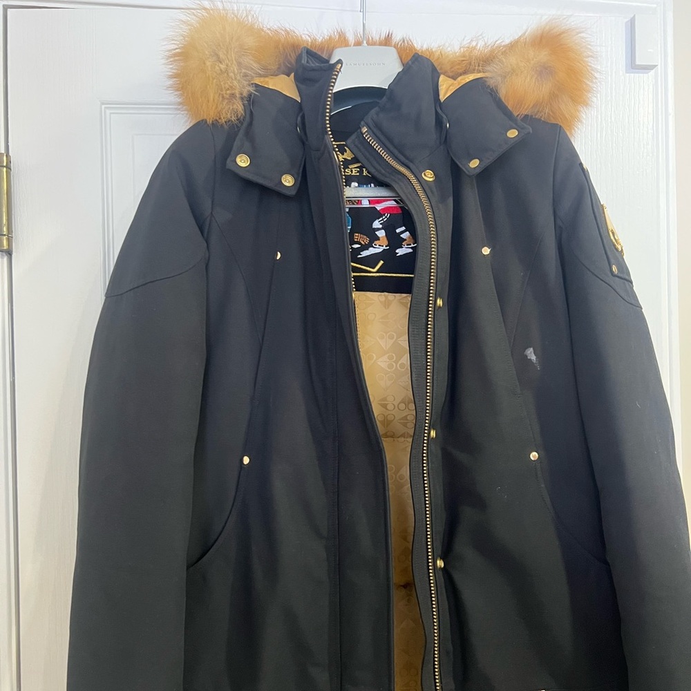 Moose Knuckles Black and Gold Puffer Jacket with Fur Hood